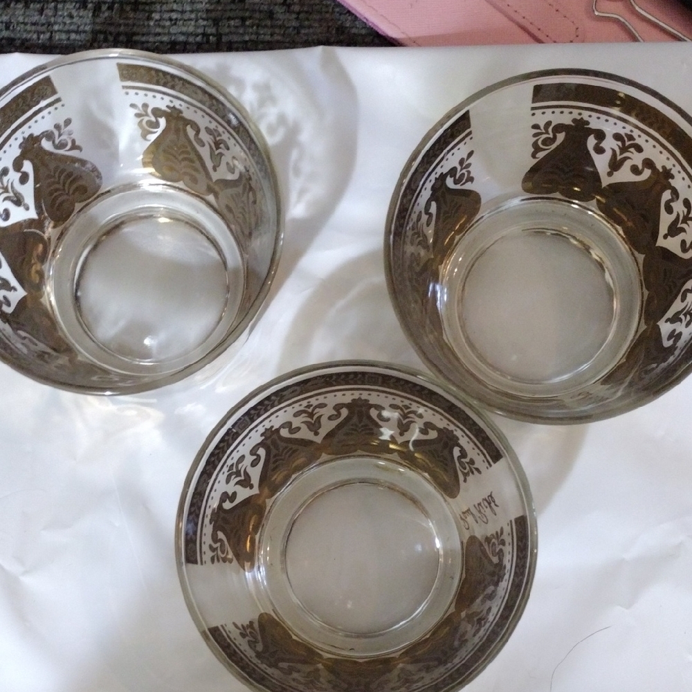 Set Of 3 MCM Fire King Gold Flecked and Clear Bar Glasses/Dessert Cups - Picture 3 of 6